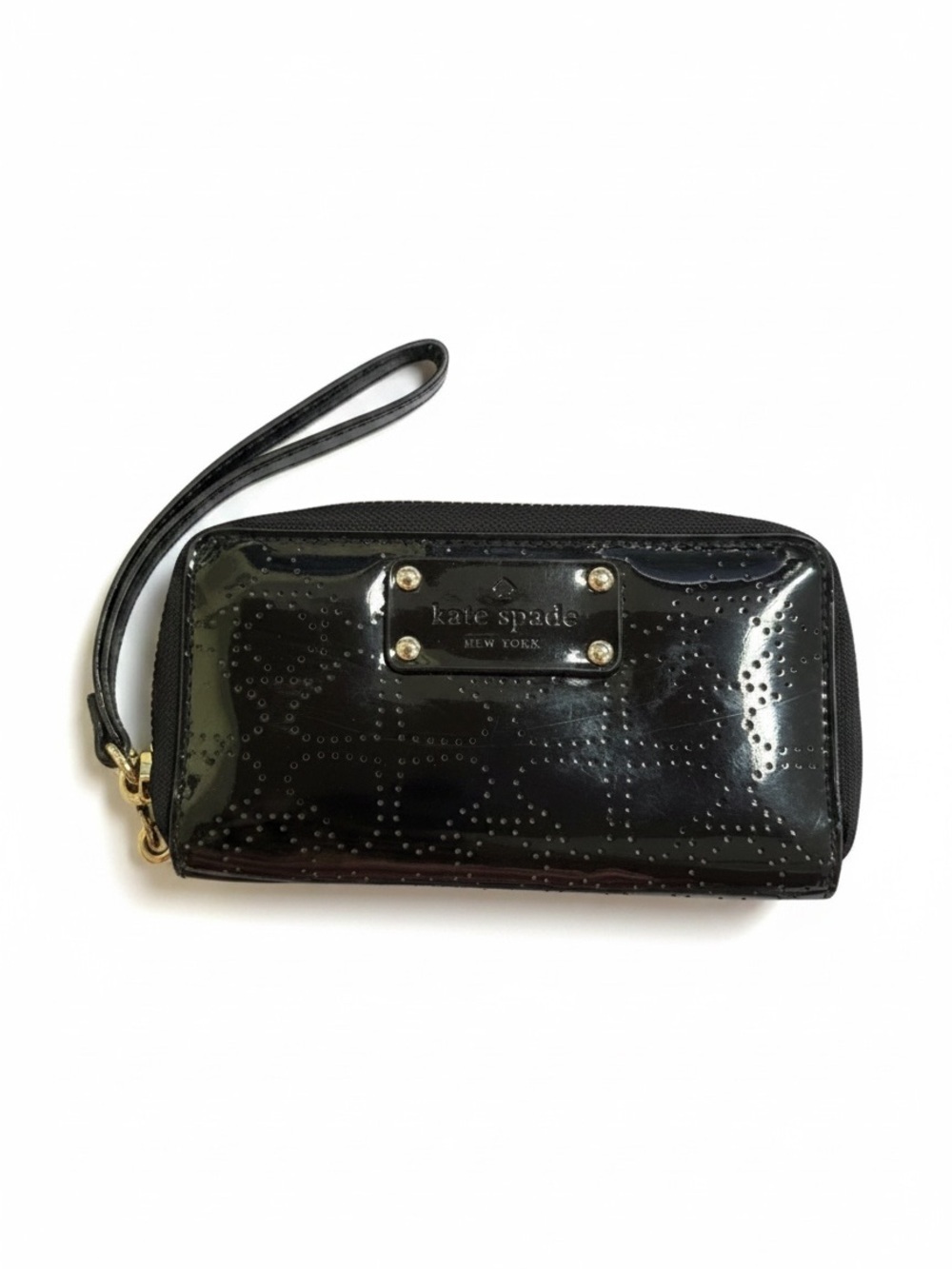 kate spade Black Patent Zip Around Wristlet Wallet with Heart Design